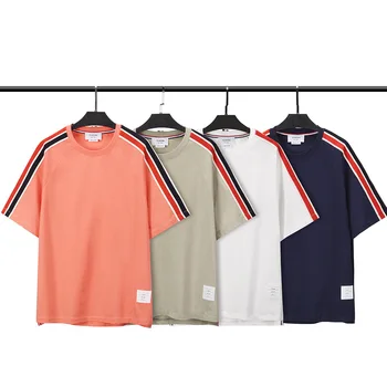 TB BROWIN, мужская хлопковая футболка с коротким рукавом, однотонный полосатый вырез, Мягкий корейский дизайн, тонкая футболка, Корейский дизайн, высокое качество