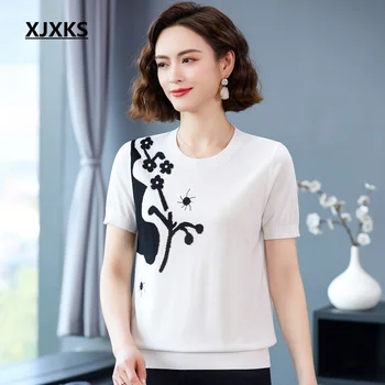XJXKS 2023 Летняя новая модная женская футболка с вышивкой, классический черно-белый микс, свободные трикотажные топы оверсайз с короткими рукавами