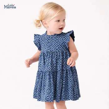Детское праздничное платье для девочек Little maven Детское элегантное летнее платье синего цвета с цветочным принтом Праздничные платья с короткими рукавами для девочек
