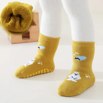 Зимние Нескользящие Длинные Носки для новорожденных с принтом, Для мальчиков и девочек, для малышей, для малышей, Хлопчатобумажные Махровые Теплые Милые носки Kawaii